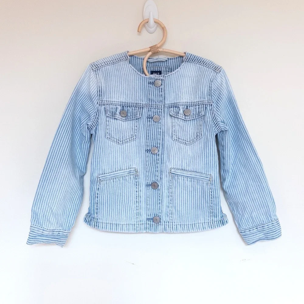 Gap Denim Jacket Blue White Hickory Stripe Lace Up Back Kids Size S 6-7